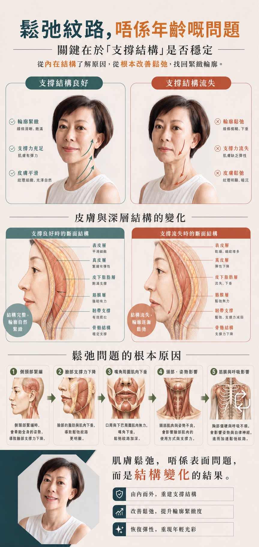 鬆弛紋路，唔係年齡嘅問題，關鍵在於支撐結構是否穩定